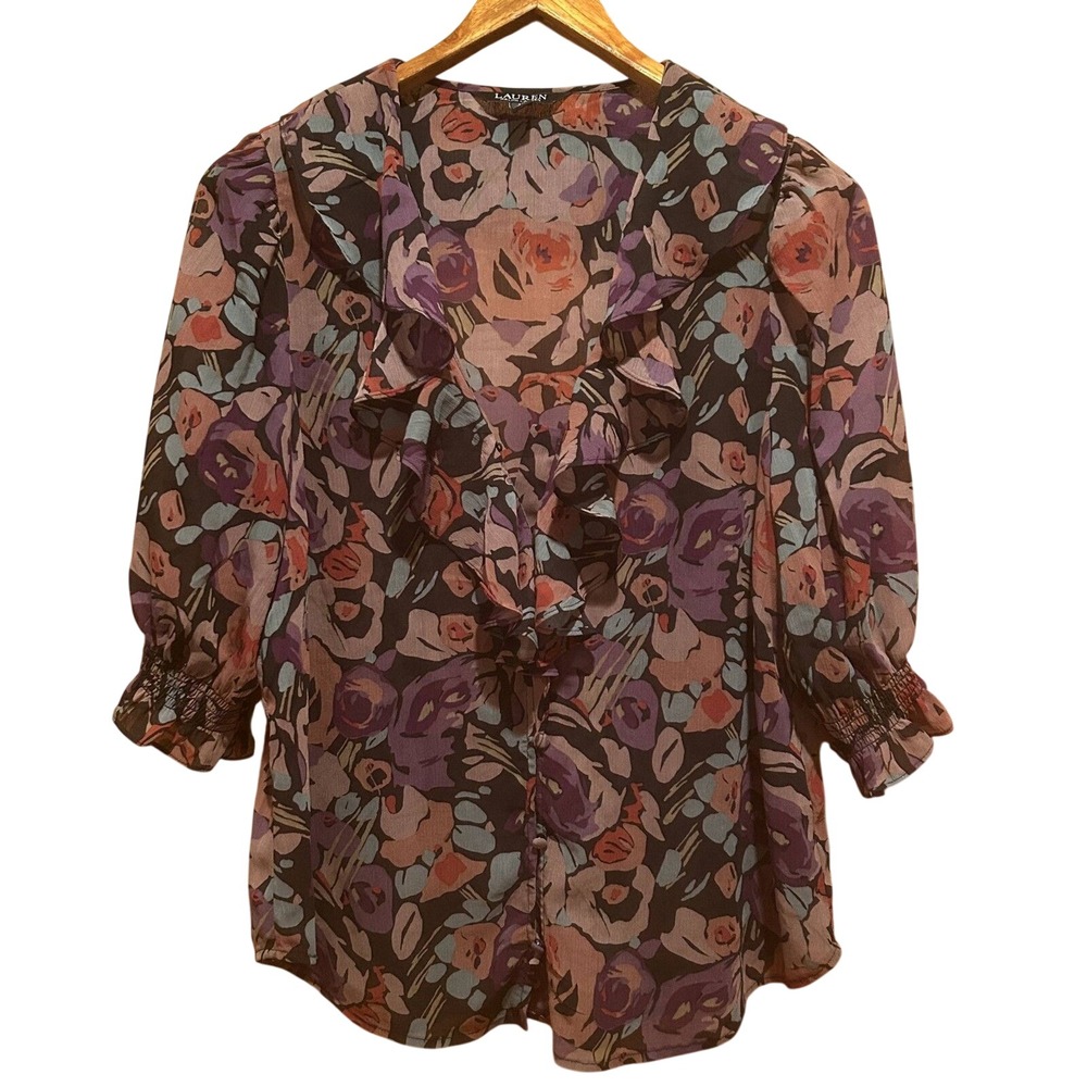 Lauren Ralph Lauren Ruffle Floral‎ Blouse-Sz M-Multicolor-Edwardian-Victorian